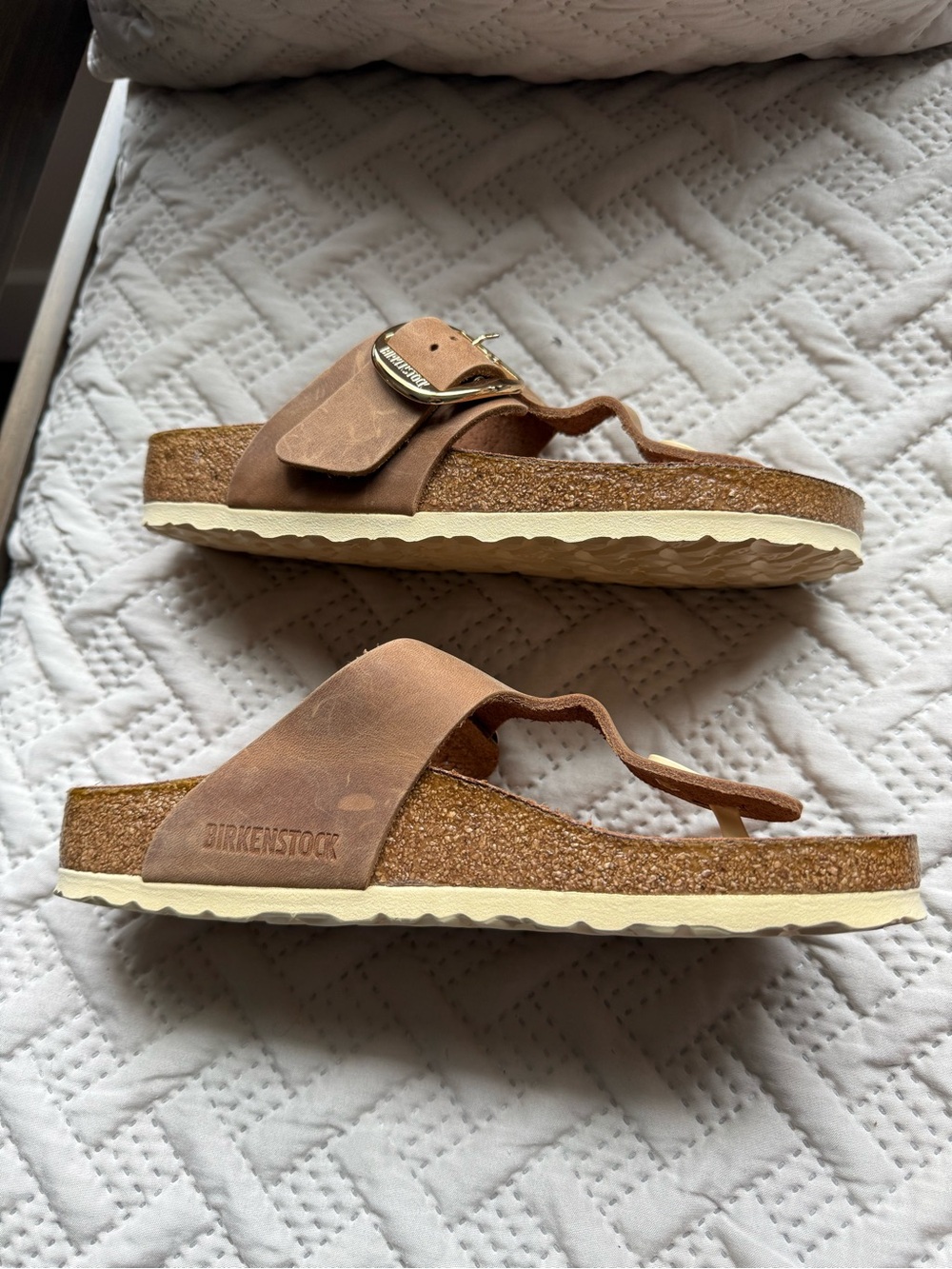 Birkenstock Big Buckle Tan Leather Slide Sandals with Gold Buckles - Picture 7 of 8